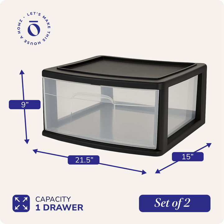 Homz Plastic 1 Drawer Wide Storage Cart, Black Frame with Clear Drawer, 2 Pack