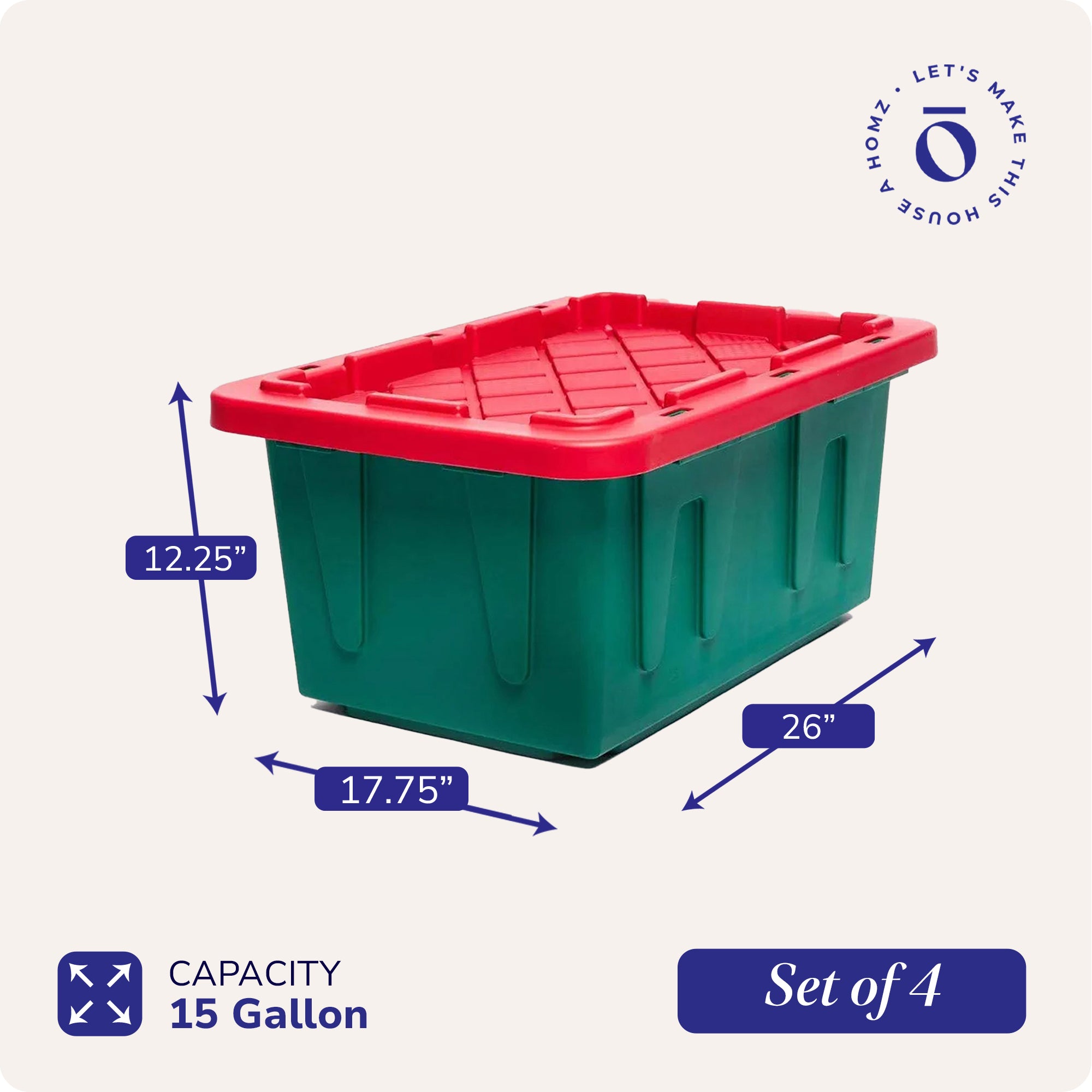 HOMZ Durabilt 15 Gallon Heavy Duty Holiday Storage Tote, Green/Red (4 Pack)