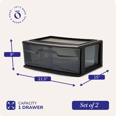 Homz Plastic 1 Drawer Wide Storage Cart, Black with Smoke Drawer, 2pk (Open Box)