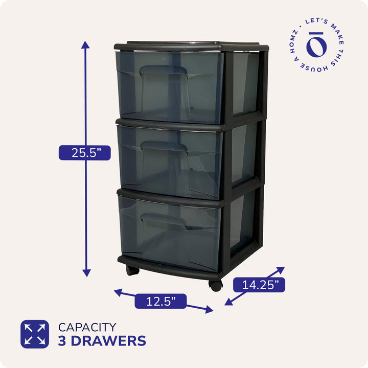 Homz 25" Black Tall Solid Plastic 3 Drawer Wheeled Home Storage Organizer Cart