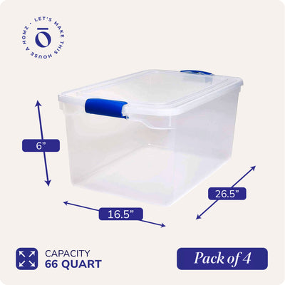 Homz 66-Quart Clear Plastic Stackable Storage Containers w/ Latch Lid, 4 Pack - VMInnovations