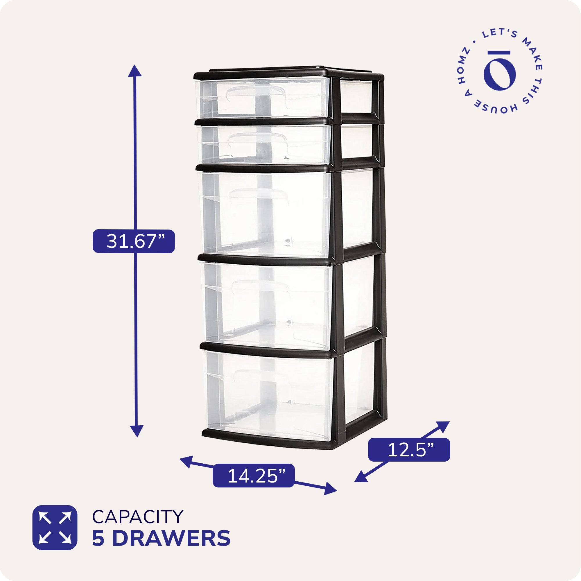 Homz Plastic 5 Drawer Home Storage Container TowerCloset Organizer, Black Frame