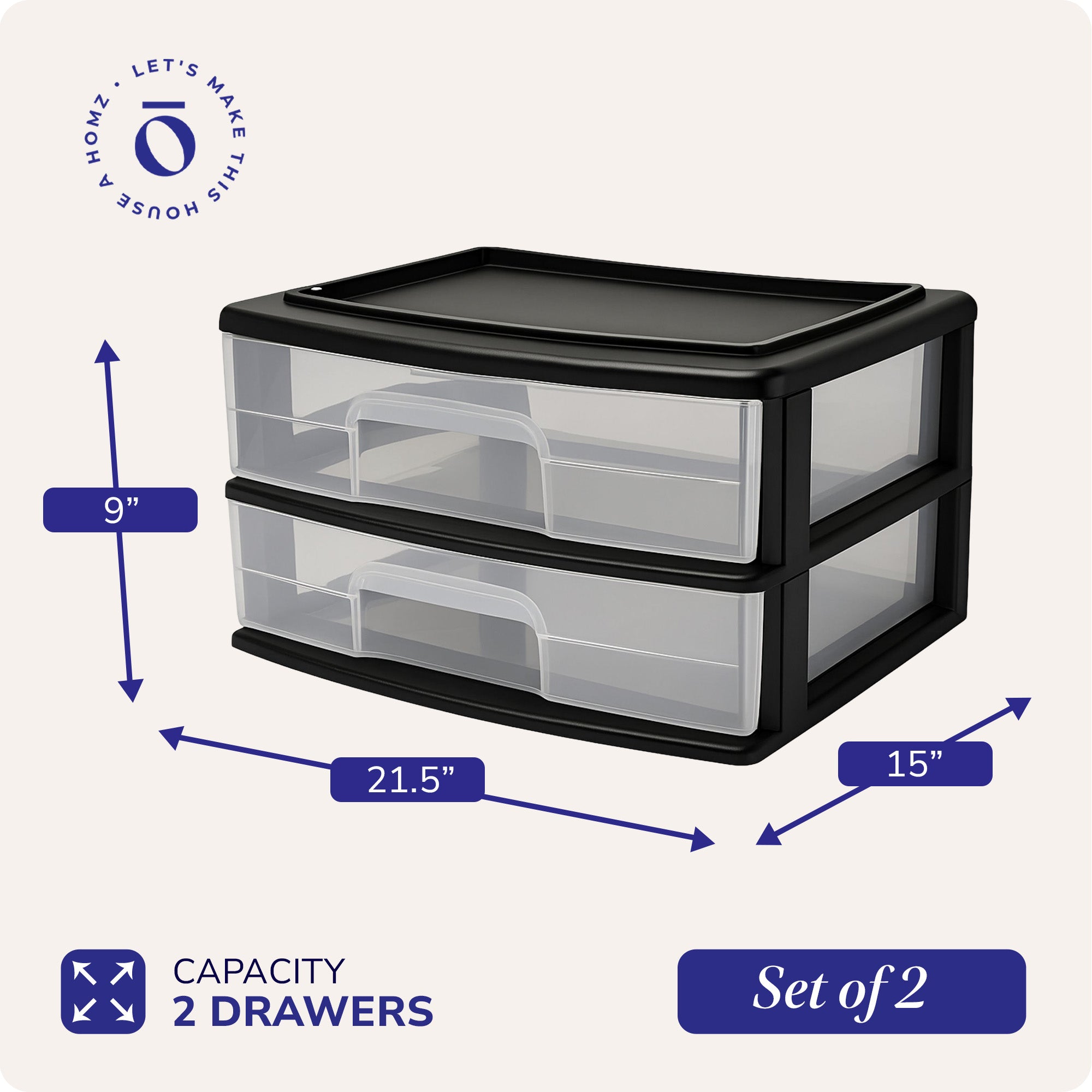 Homz Plastic 2 Drawer Wide Storage Cart, Black Frame with Clear Drawer, 2 Pack
