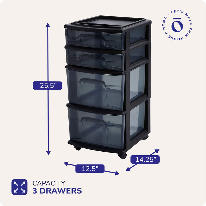 Homz Tall Solid Plastic 4 Drawer Medium Storage Cart with Caster Wheels, Black