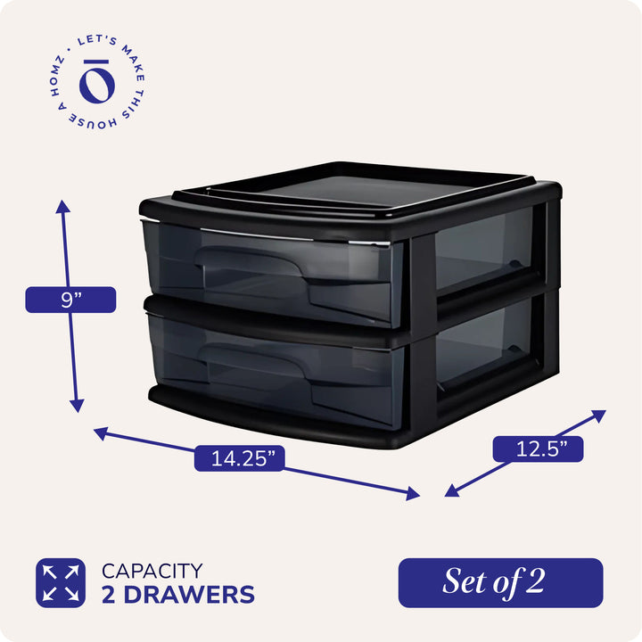 Homz Plastic 2 Drawer Medium Storage Cart, Black Frame with Smoke Drawer, 2 Pack