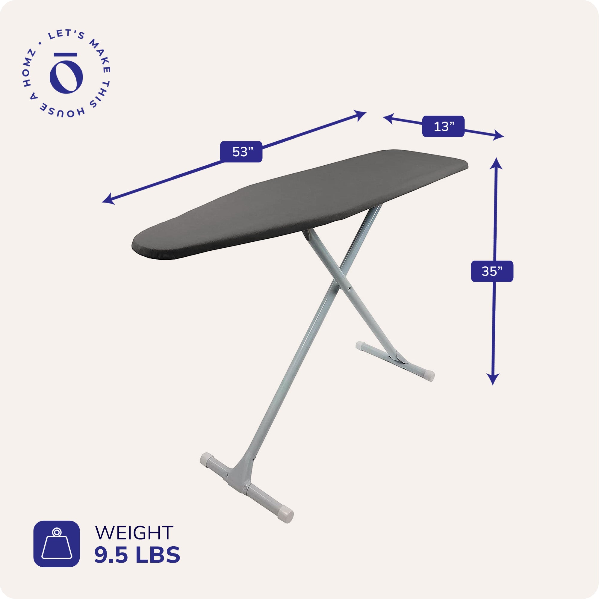 Homz T-Leg Foldable Adjustable Ironing Board with Foam Pad & Cotton Cover,Gray