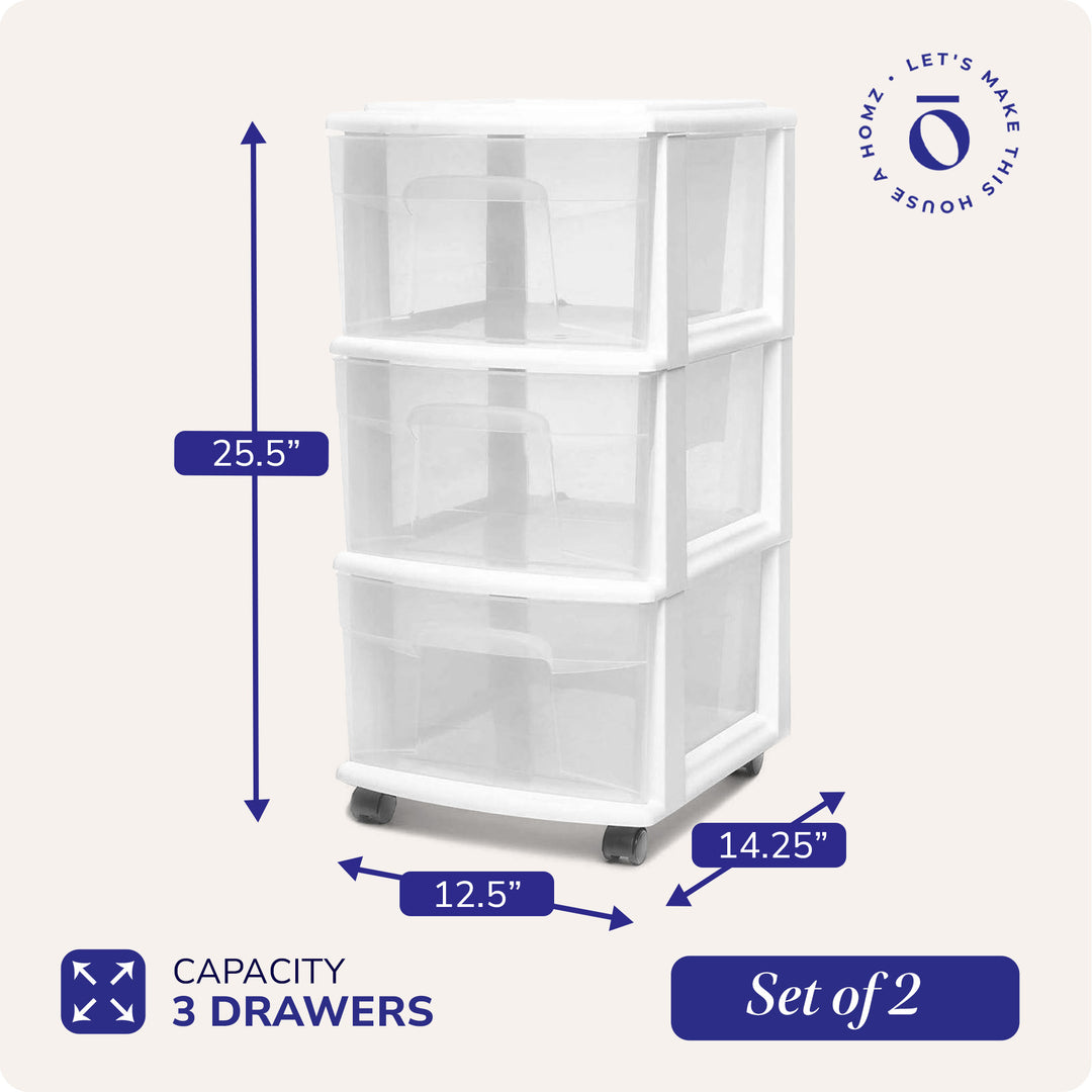 Homz Plastic 3 Drawer Medium Storage Tower, Clear Drawers/White Frame (2 Pack)