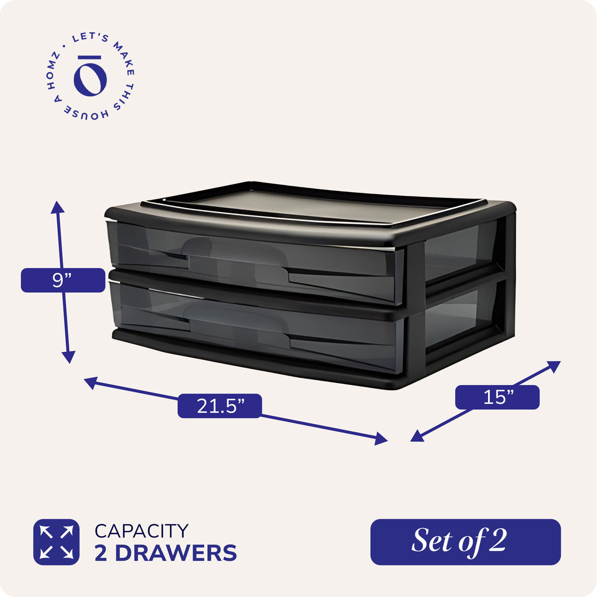 Homz Plastic 2 Drawer Wide Storage Cart, Black Frame with Smoke Drawer, 2 Pack