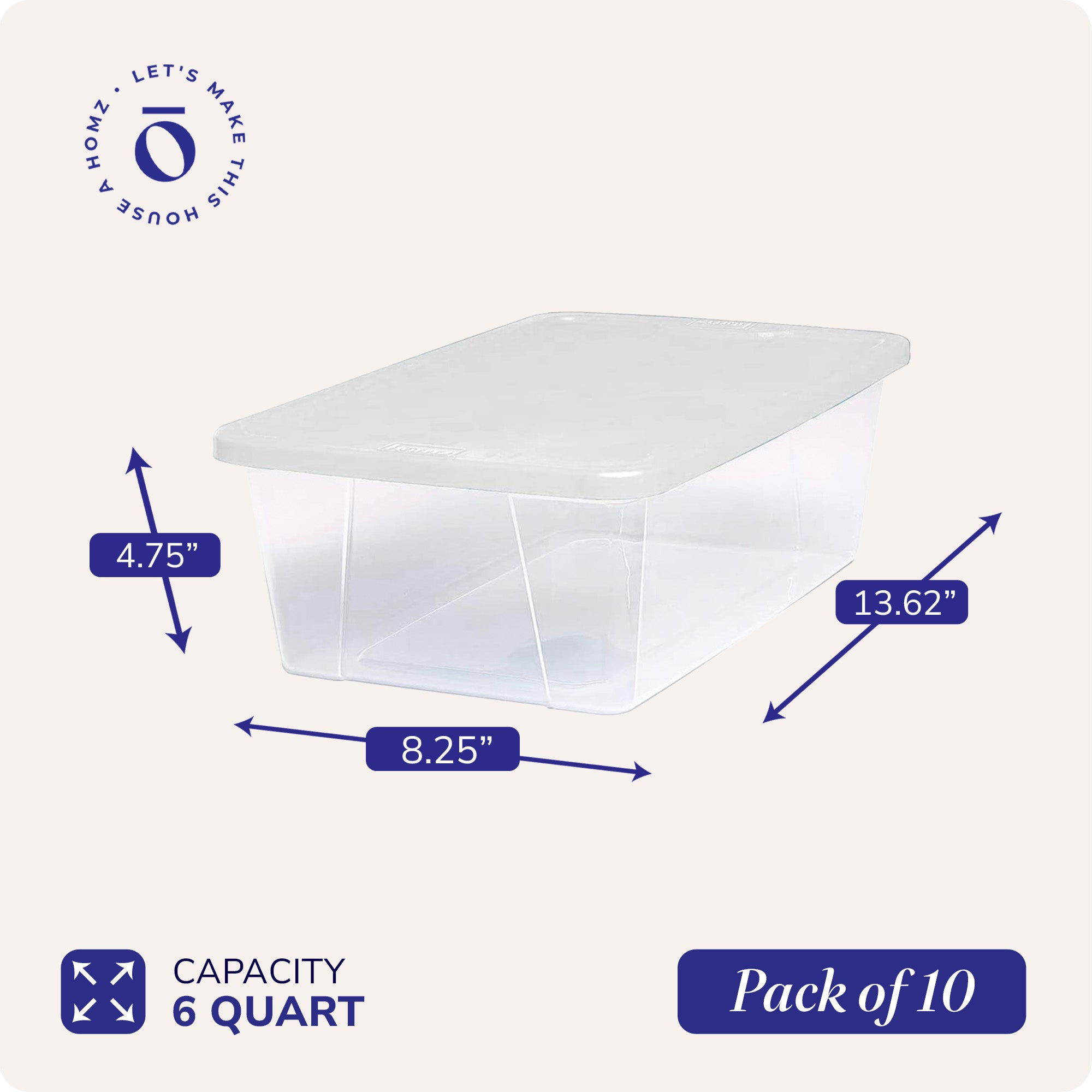 Homz 6 Qt Multipurpose Plastic Storage Containers with Latching Lid, (10 Pack)