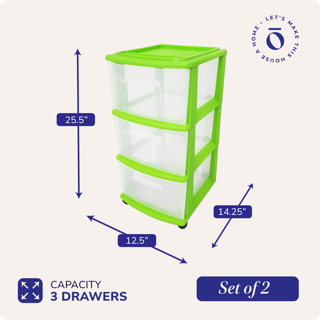 Homz 3 Drawer Medium Storage Container Tower, Clear Drawers/Lime Frame (2 Pack)