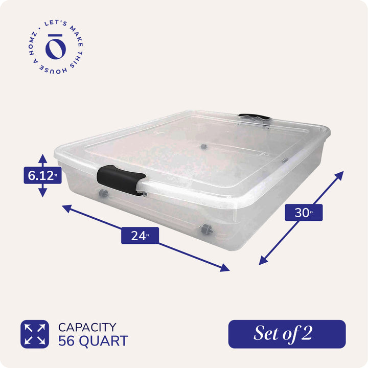Homz 56 Qt Full/Queen Underbed Clear Plastic Storage Container, 2 Pk (Open Box) - VMInnovations