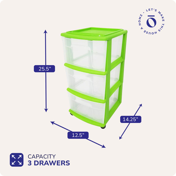Homz Plastic 3 Drawer Md Storage Container, Clear Drawers/Lime Frame (Open Box)