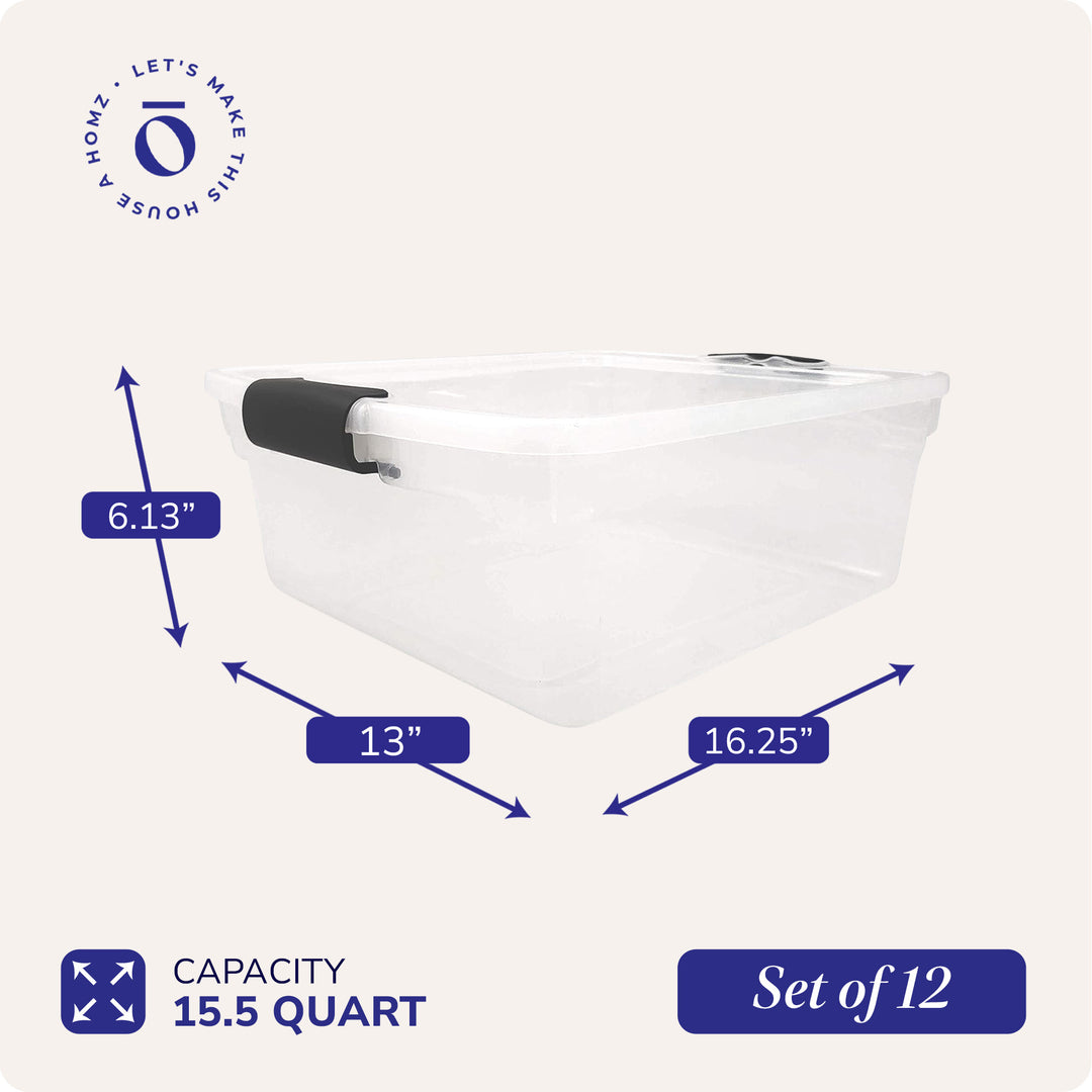 Homz 15.5 Qt Plastic Stackable Storage Container w/Lid, Gray Latch (12 Pack)