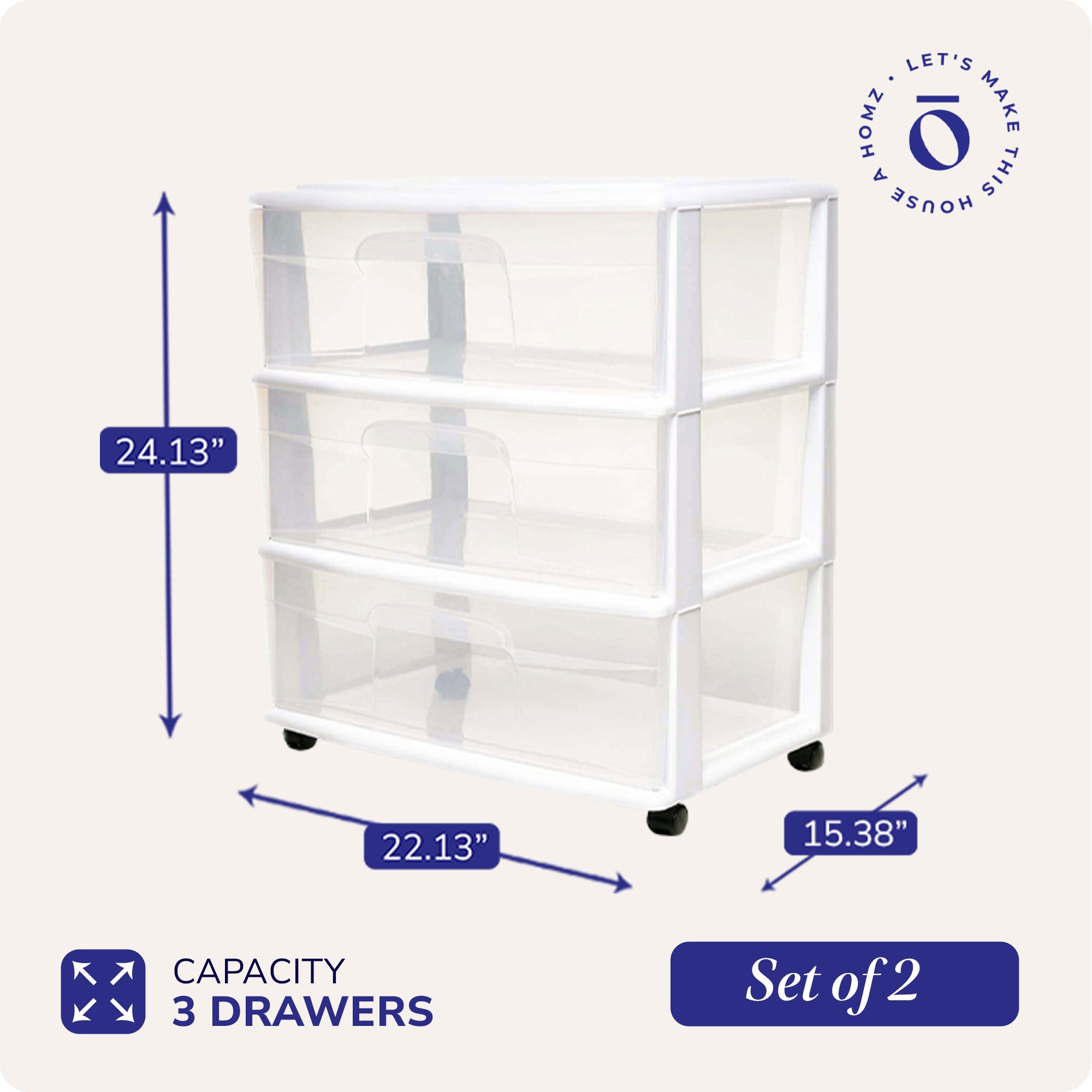 Homz Plastic 3 Clear Drawer Small Rolling Storage Container Tower, White, 2 Pack - VMInnovations