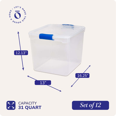 Homz 31 Quart Heavy Duty Clear Plastic Stackable Storage Containers, 12 Pack