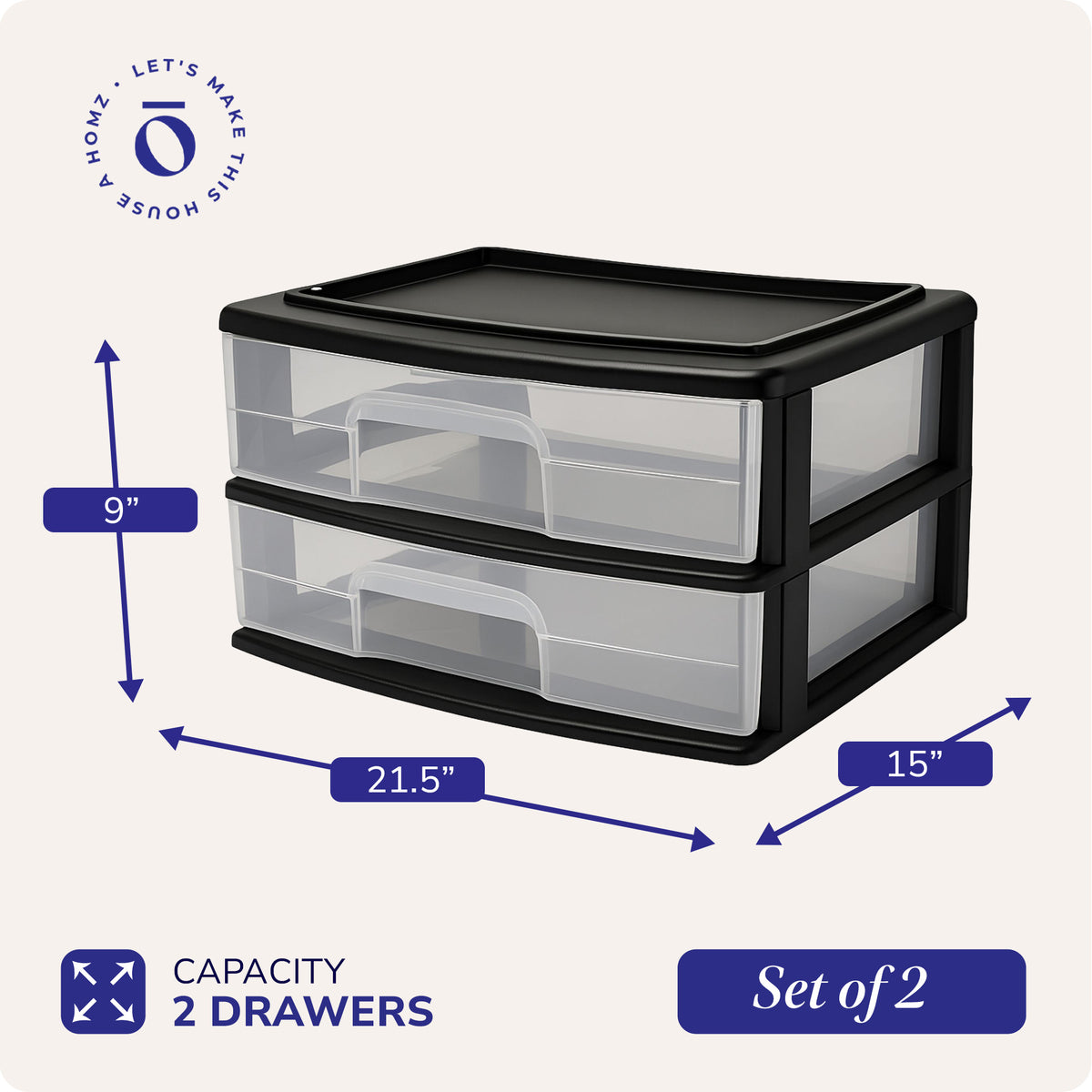 Homz Plastic 2 Drawer Storage Cart, Black Frame w/ Clear Drawer, 2 Pack (Used)