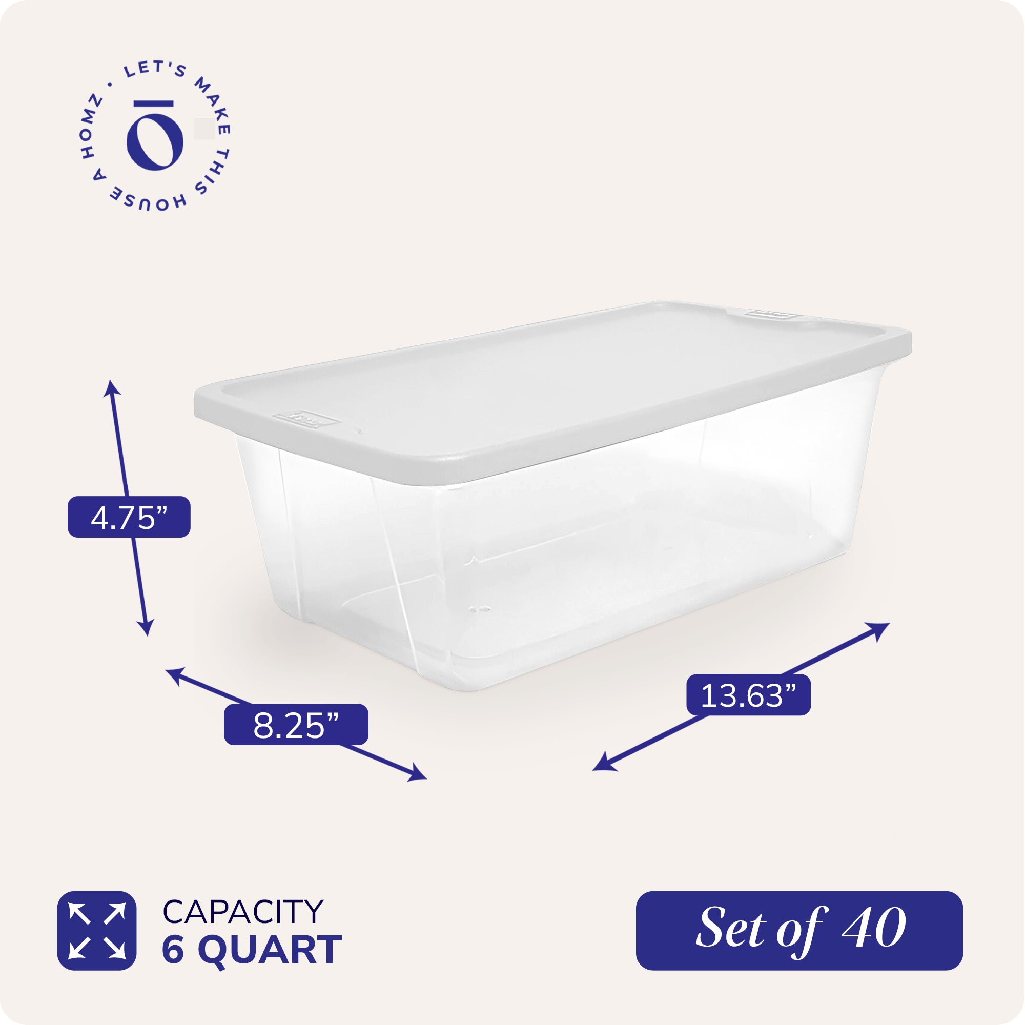 Homz 6 Qt Multipurpose Plastic Storage Containers with Latching Lid, (40 Pack)