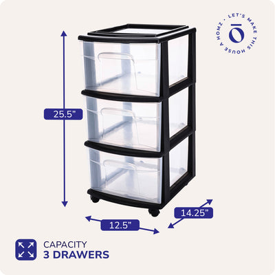 Homz Plastic 3 Drawer Medium Home Storage Container, Clear Drawers & Black Frame