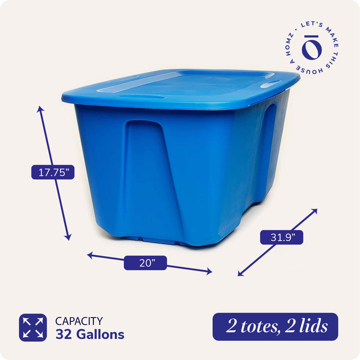Homz 32 Gallon Plastic Storage Container w/ Secure Lid, Blue, 2 Pack (Open Box) - VMInnovations