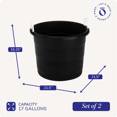 Homz Plastic 17 Gal Storage Bucket Tub w/ Rope Handle, Black, 2 Pack (Open Box) - VMInnovations