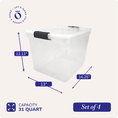 Homz Secure Latch Large 31QT Clear Stackable Storage Container Bin 4PC(Open Box) - VMInnovations