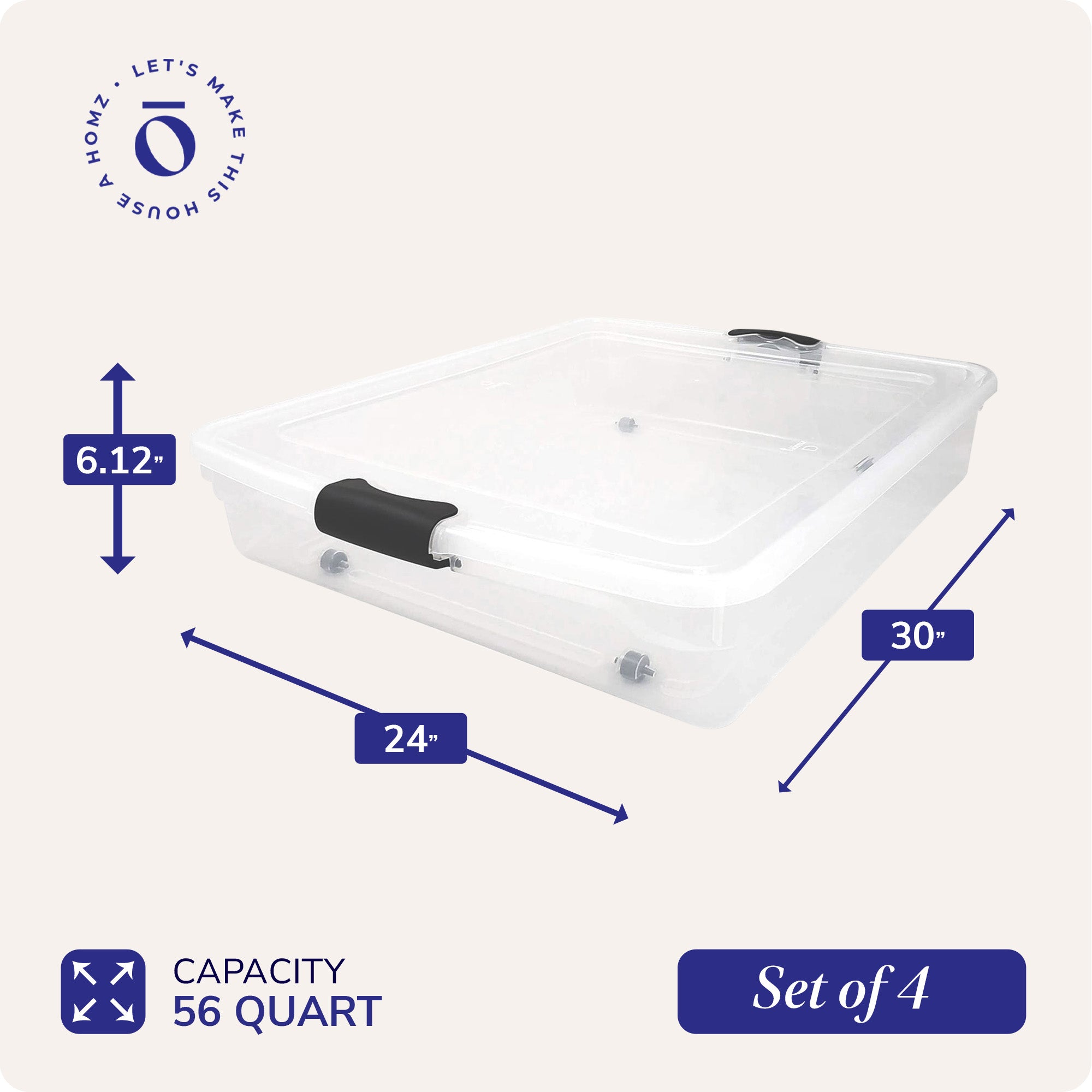 Homz 56 Qt Full/Queen Underbed Clear Plastic Latching Storage Container, 4 Pack - VMInnovations