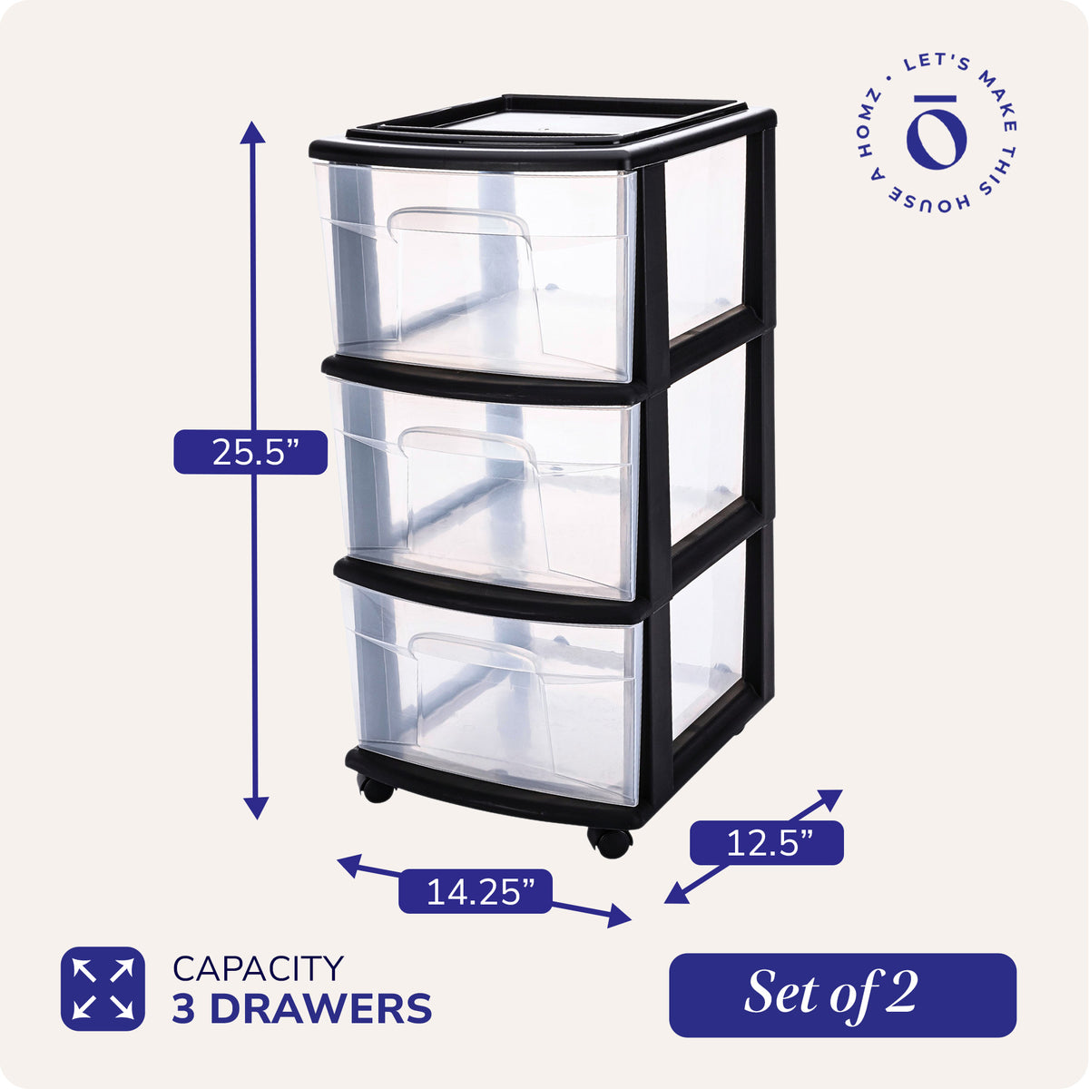 Homz Plastic 3 Drawer Medium Storage Tower, Clear Drawers & Black Frame (2 Pack)