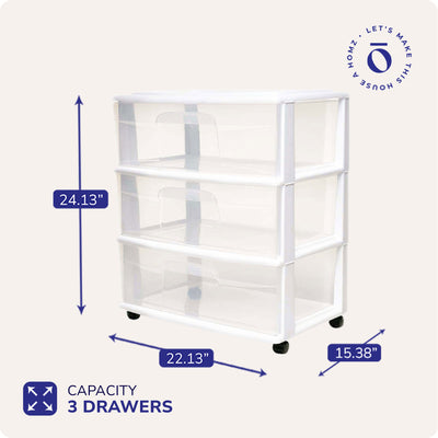 Homz Plastic 3 Clear Drawer Small Rolling Container Tower, White Frame(Open Box) - VMInnovations