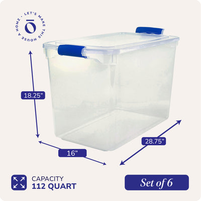 Homz 112 Qt Clear Plastic Stackable Storage Containers with Latch Lid, 6 Pack