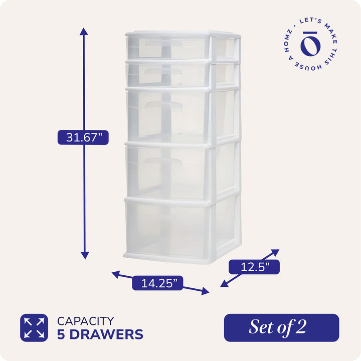 Homz Clear Plastic 5 Drawer Home Storage Container Tower, White Frame (2 Pack)