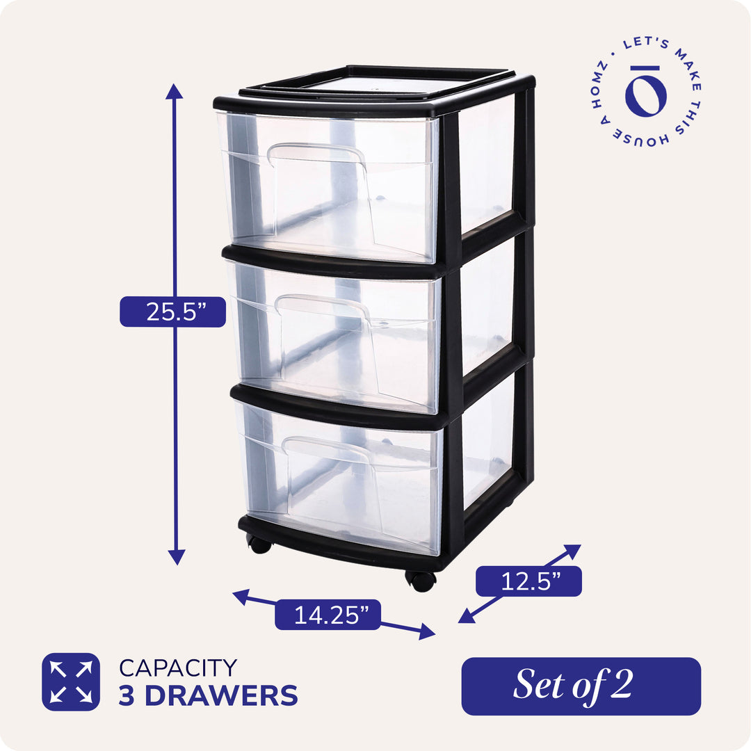 Homz Plastic 3 Drawer Medium Storage Tower, Clear Drawers & Black Frame (2 Pack) - VMInnovations