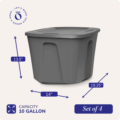 Homz 10 Gallon Heavy Duty Plastic Storage Container, Titanium Silver (4 Pack) - VMInnovations