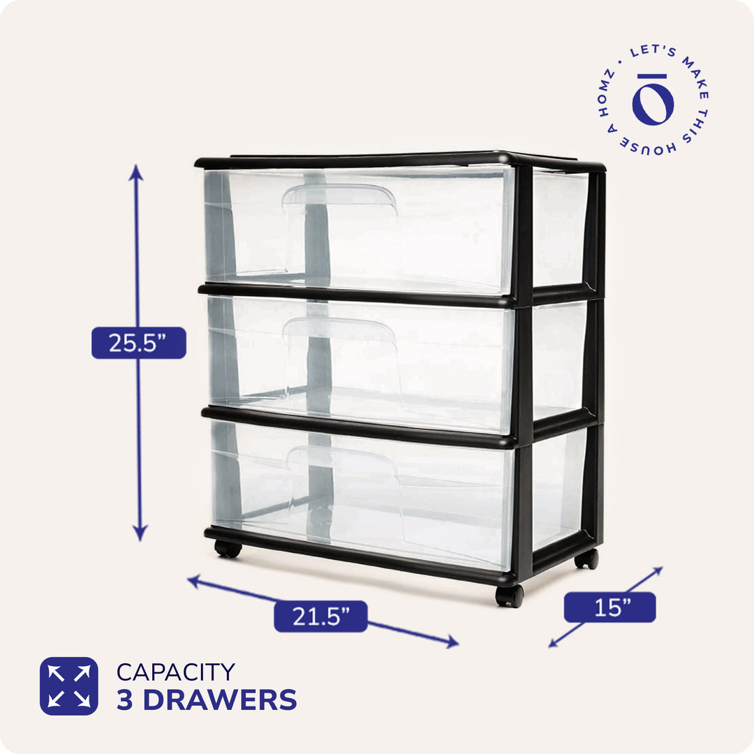 Homz Tall Plastic 3 Drawer Medium Storage Cart with Wheels, Black (Open Box) - VMInnovations