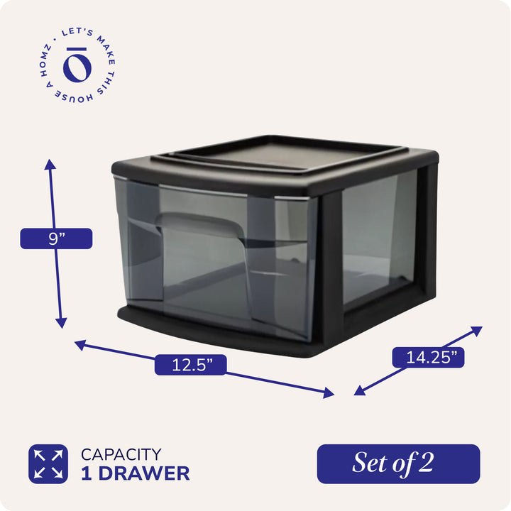 Homz Plastic 1 Drawer Medium Storage Cart, Black Frame with Smoke Drawer, 2 Pack