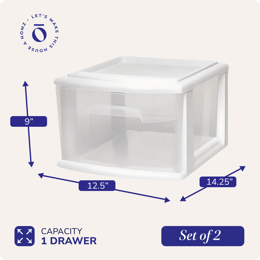 Homz Plastic 1 Drawer Medium Storage Cart, White Frame with Clear Drawer, 2 Pack