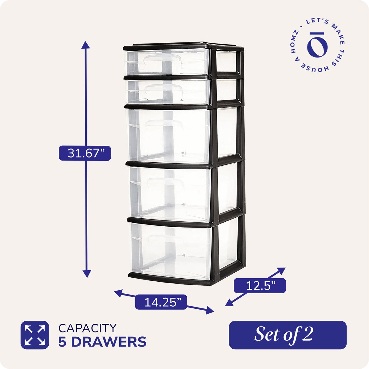 Homz Plastic 5 Drawer Home Storage Container Tower, Black Frame, 2pk(Open Box)