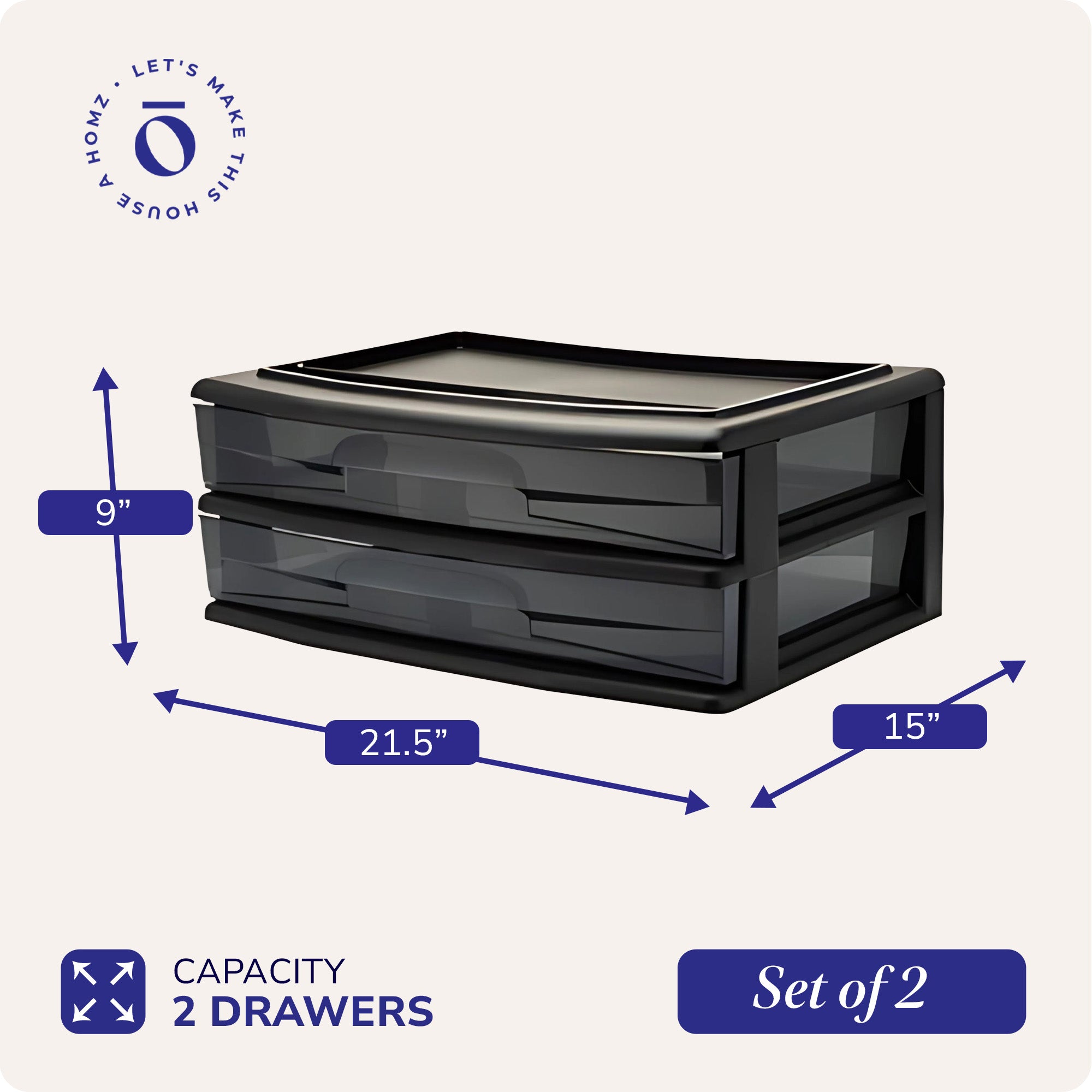 Homz Plastic 2 Drawer Wide Storage Cart, Black Frame with Smoke Drawer, 2 Pack
