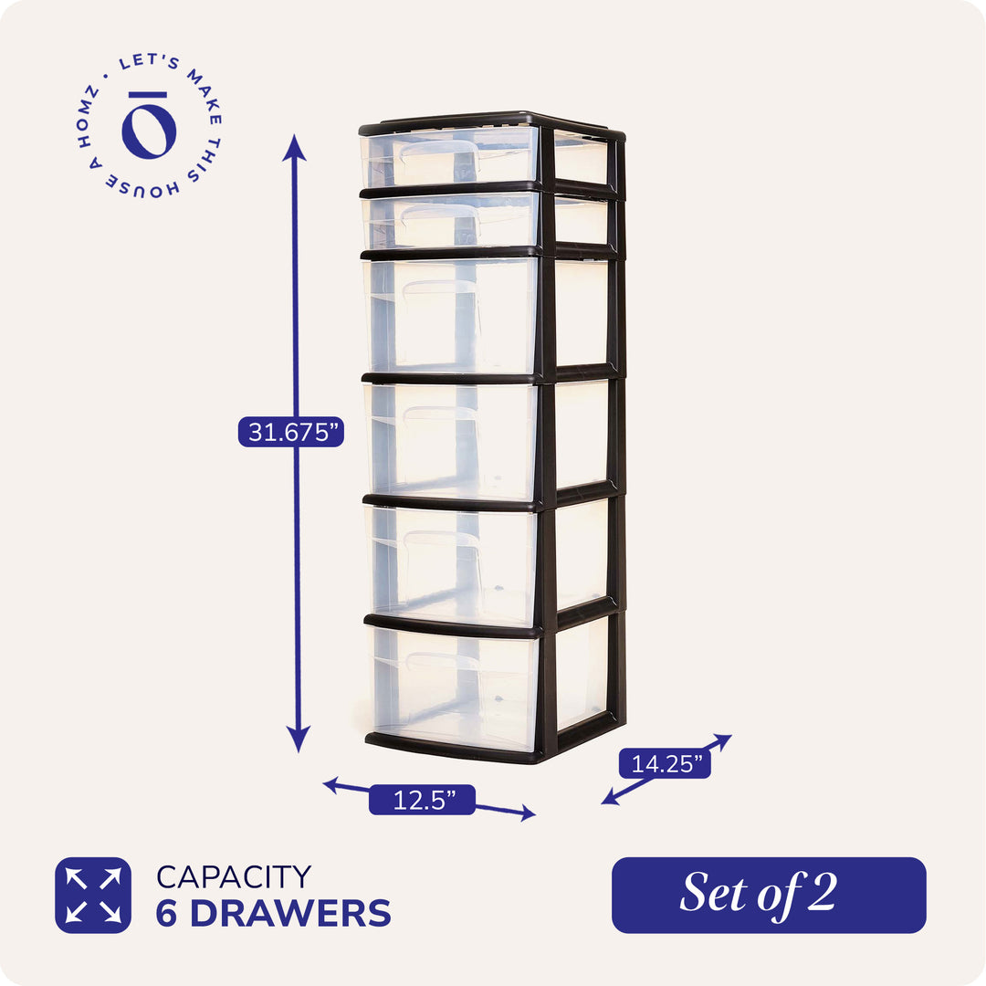 Homz Plastic 6 Clear Drawer Home Storage Container Tower, Black/Clear (2 Pack)