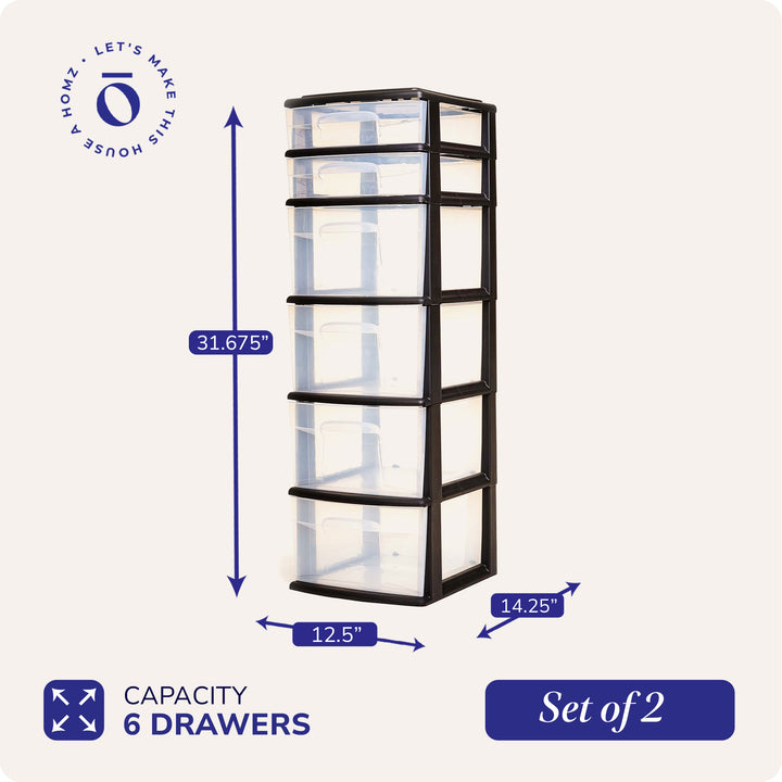 Homz Plastic 6 Clear Drawer Home Storage Container Tower, Black/Clear (2 Pack)