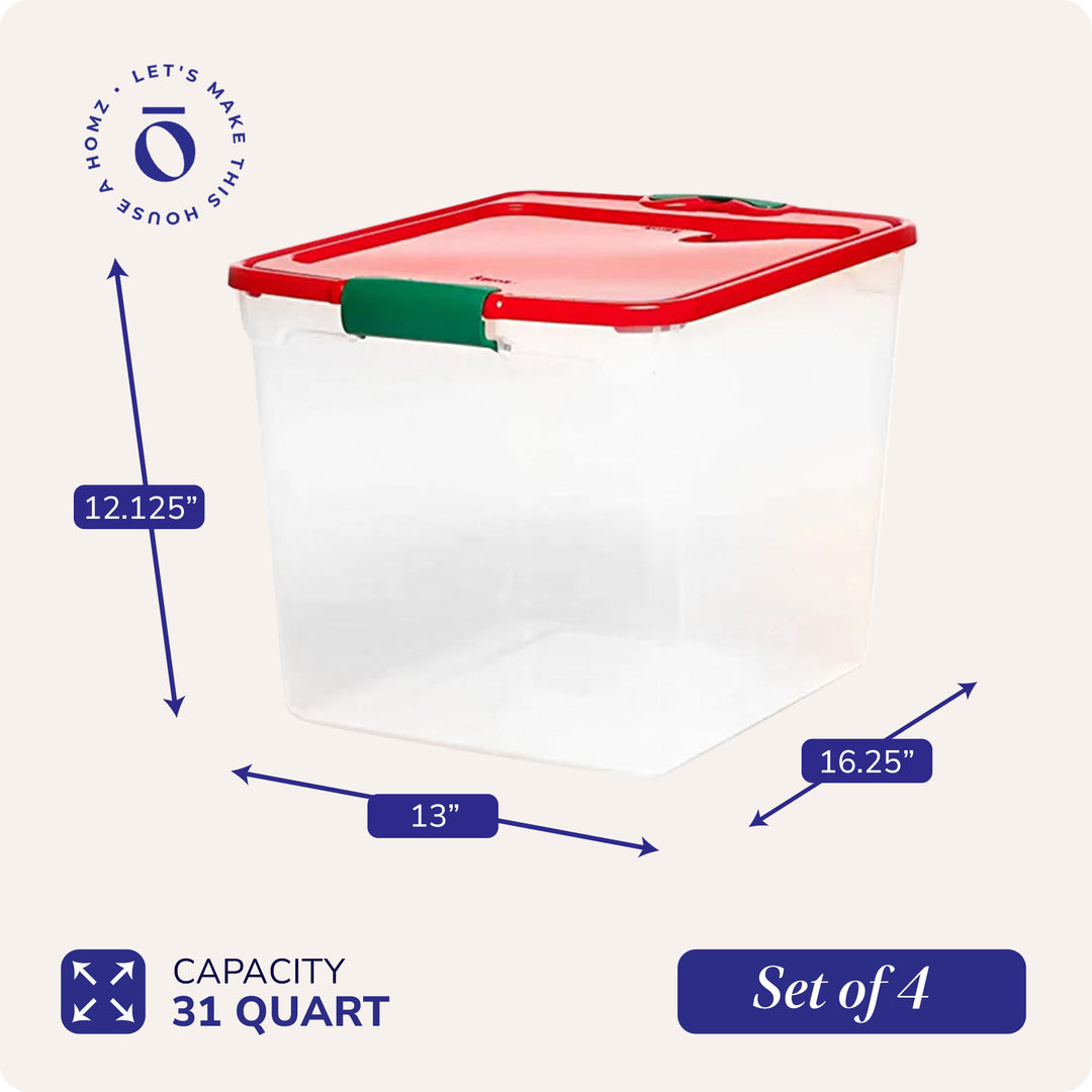 HOMZ 31 Quart Holiday Plastic Storage Container Bin with Latching Lid, 4 Pack - VMInnovations
