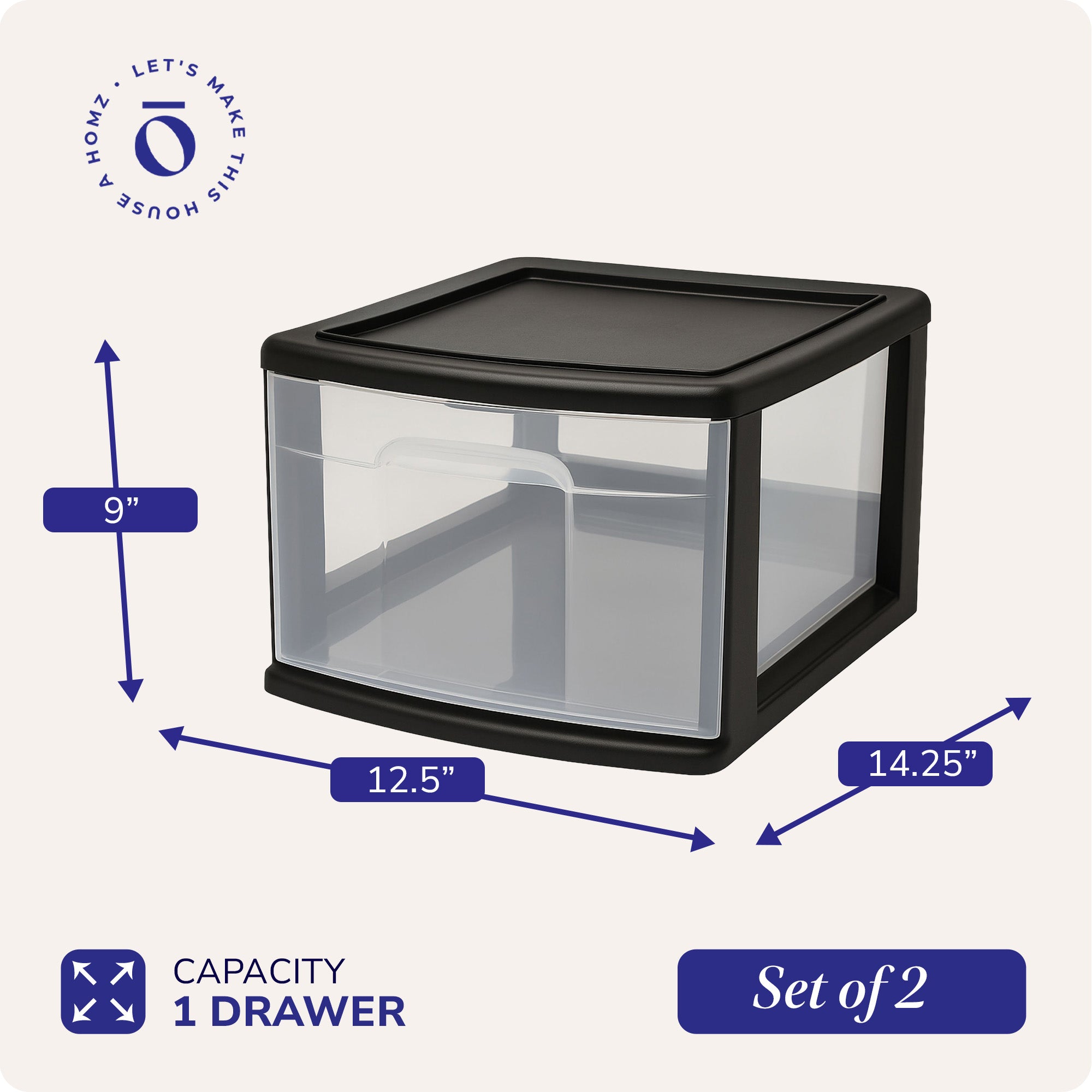 Homz Plastic 1 Drawer Medium Storage Cart, Black Frame with Clear Drawer, 2 Pack