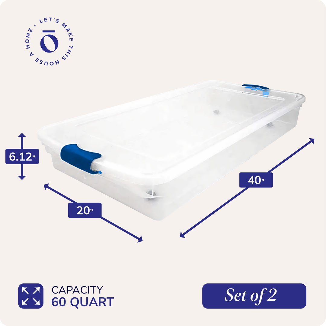 Homz 60 Quart Underbed Secure Latching Clear Plastic Container, (2pk) (Open Box)