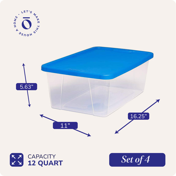 Homz 12 Qt Stackable Plastic Storage Container w/ Snaplock Lid, Blue (4 Pack)