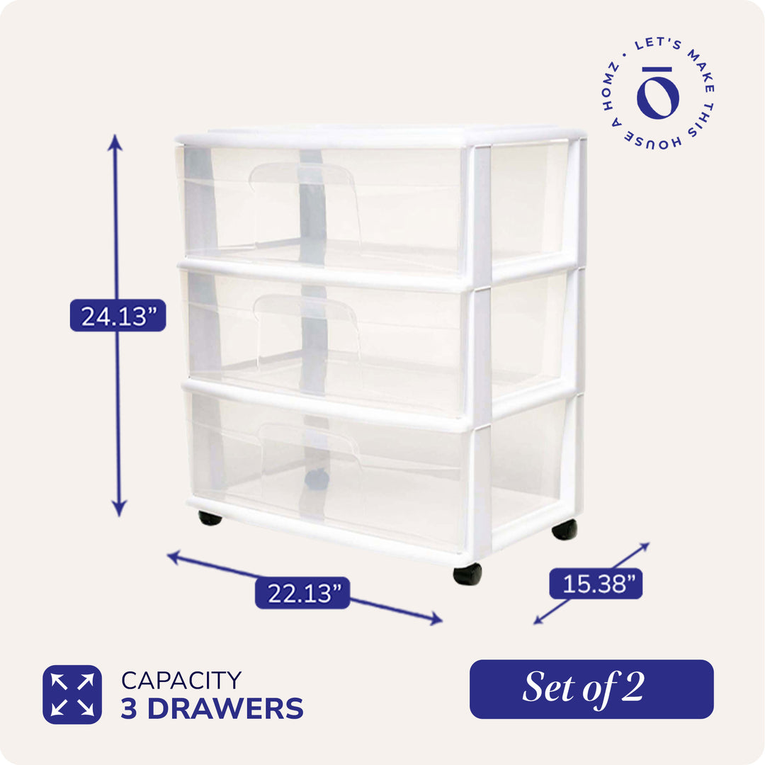 Homz Plastic 3 Clear Drawer Small Rolling Storage Container Tower, White, 2 Pack