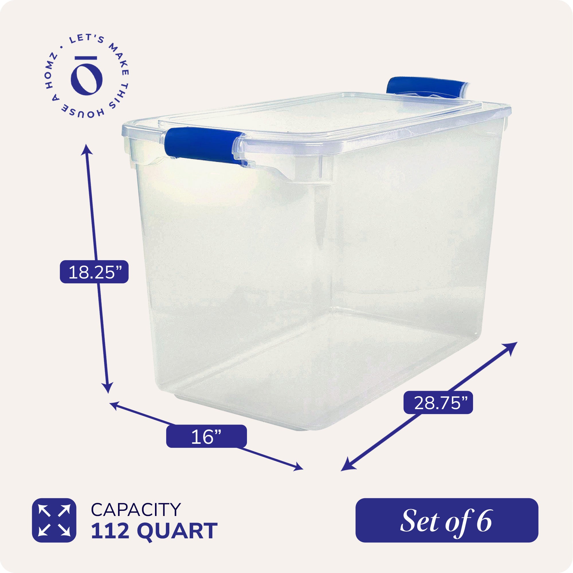 Homz 112 Qt Clear Plastic Stackable Storage Containers with Latch Lid, 6 Pack
