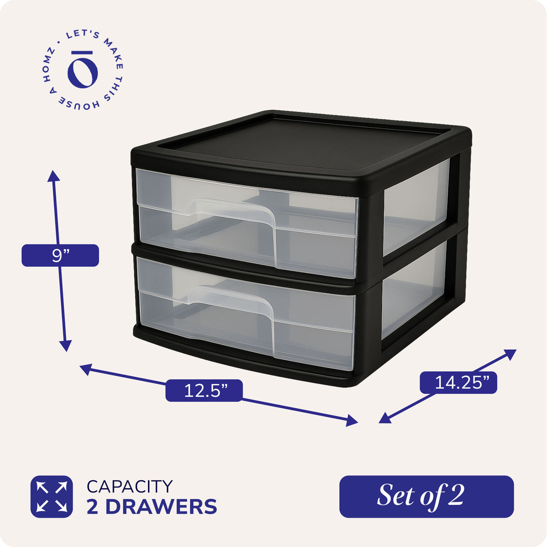 Homz Plastic 2 Drawer Medium Storage Cart, Black Frame with Clear Drawer, 2 Pack