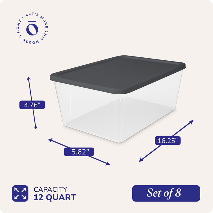 Homz 12 Qt Stackable Plastic Storage Container with Snaplock Lid, Gray (8 Pack)