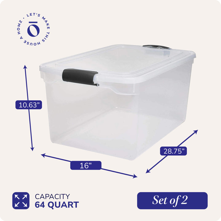 Homz 64Qt Stackable Plastic Storage Bin Container Box w/Latch Lid, Clear(2 Pack)