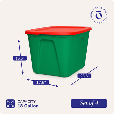 HOMZ 18 Gal Heavy Duty Plastic Holiday Storage Totes, Green/Red (4 Pack) (Used) - VMInnovations