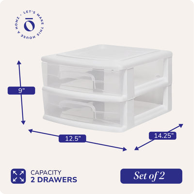 Homz Plastic 2 Drawer Medium Storage Cart, White with Clear Drawer 2pk(Open Box) - VMInnovations